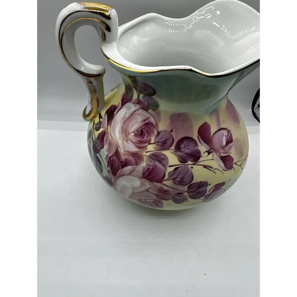 Vintage‎ Hand Painted Porcelain Floral Pitcher Ewer Gold Gilt Pink Roses 8.5